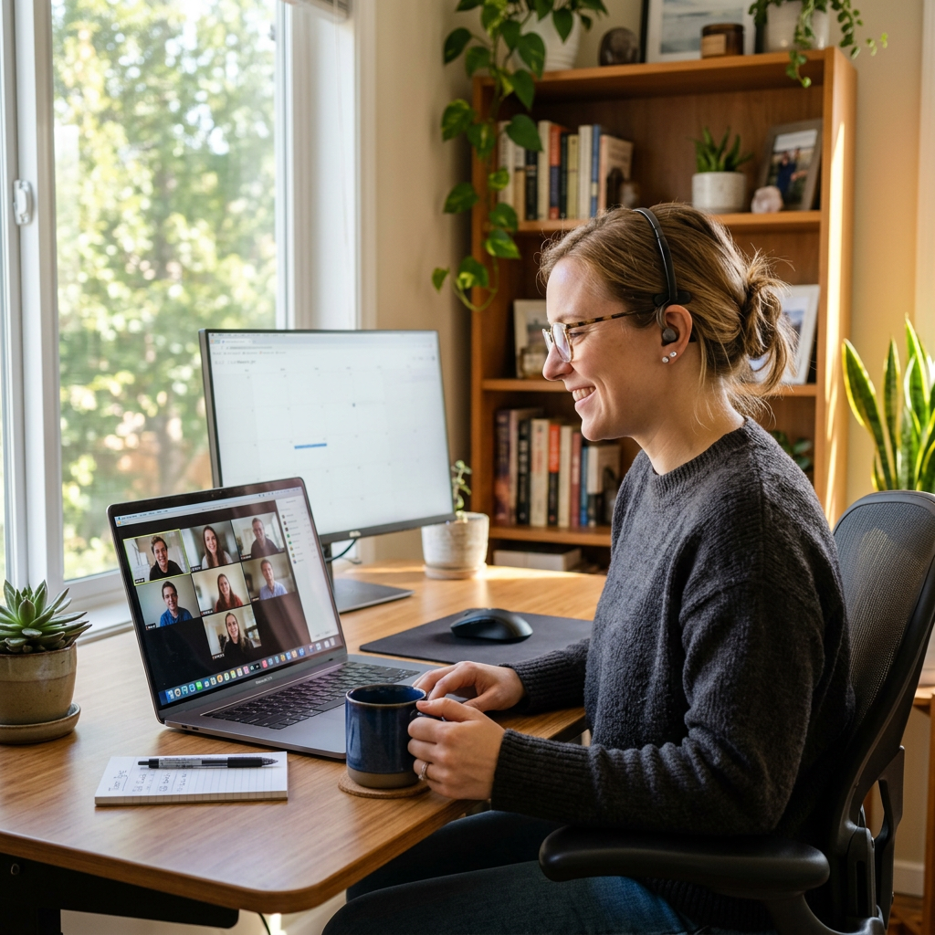 Woman smiling during a video conference call at her desk with a laptop and headphones