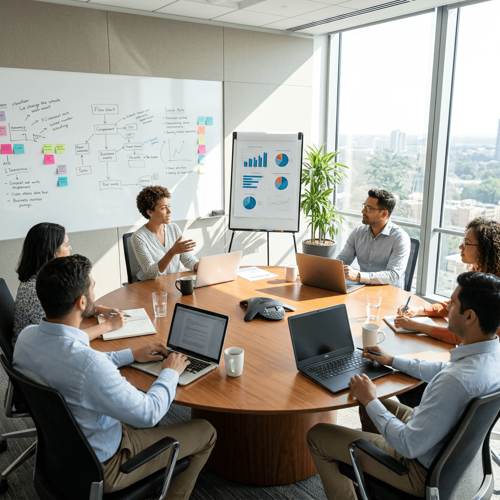 Five professionals engaged in a business meeting around a table with laptops and charts