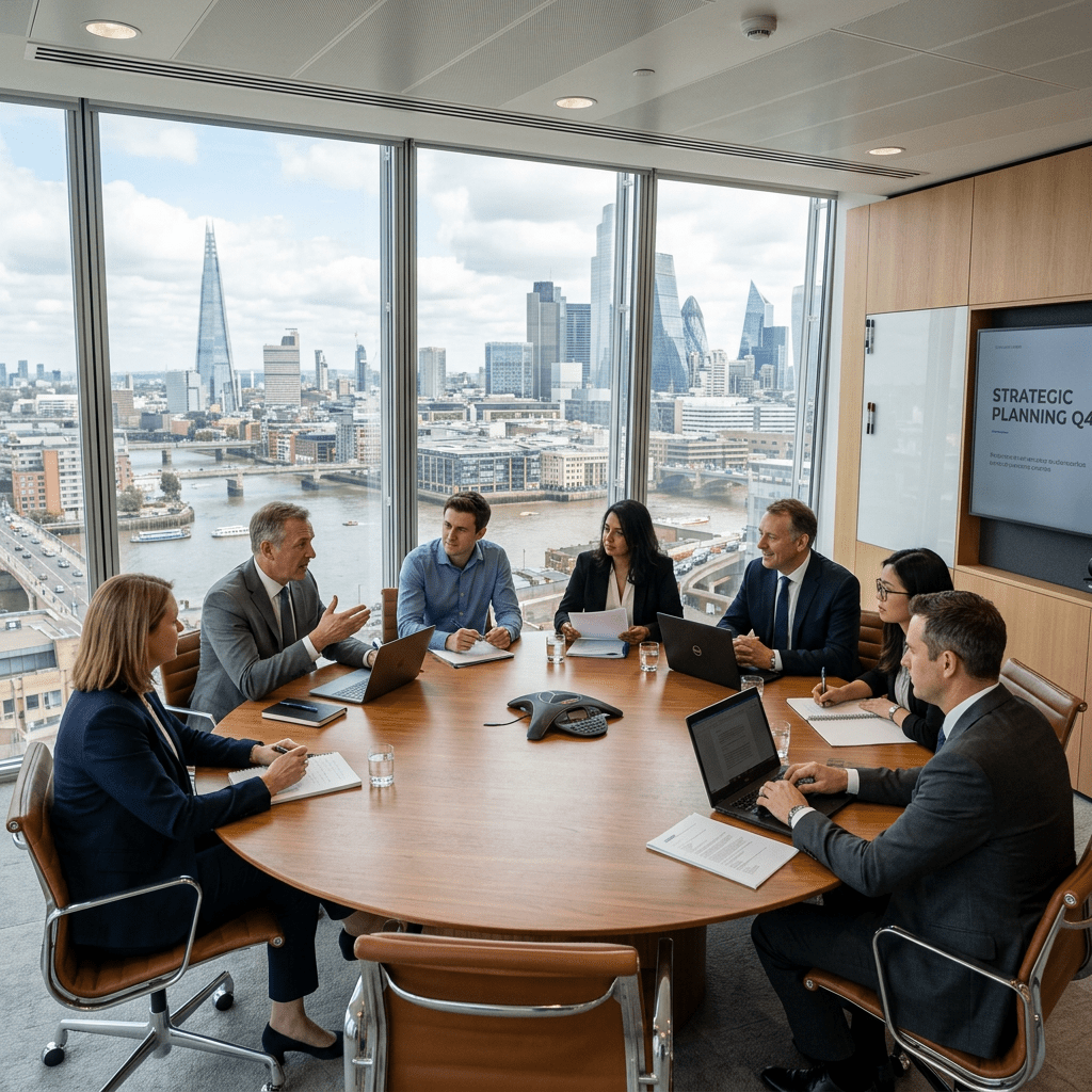Seven business professionals sitting around a conference table in a modern office with large windows overlooking a city skyline.
