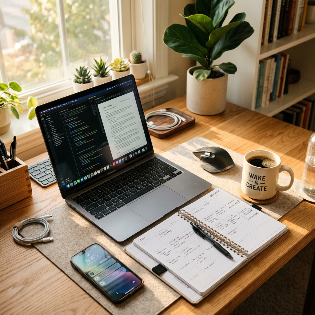 Home workspace with laptop displaying code and document, planner, smartphone, coffee mug, and plants