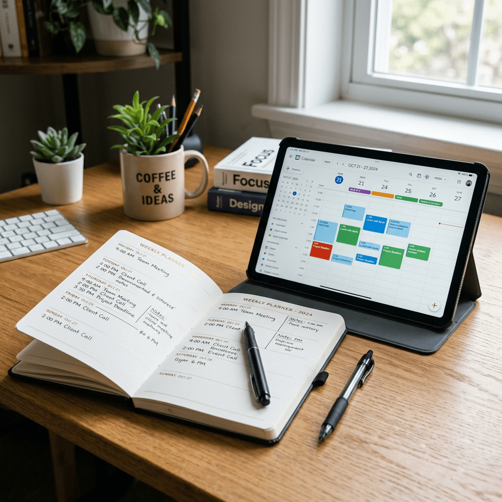Tablet displaying a digital calendar next to an open handwritten weekly planner on a wooden desk